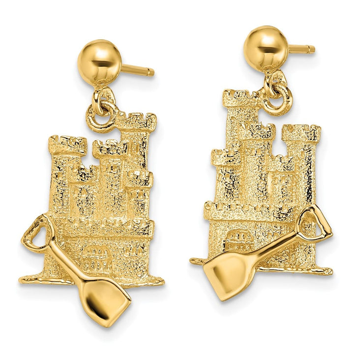 14K Yellow Gold 3-D Sand Castle with Shovel Dangle Post Earrings, view 2 of 4