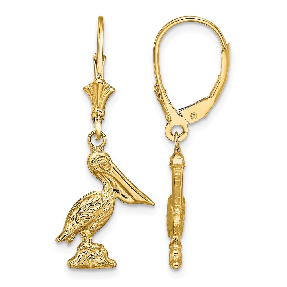 14K Yellow Gold 3-D Standing Pelican Dangle Leverback Earrings, view 1 of 4