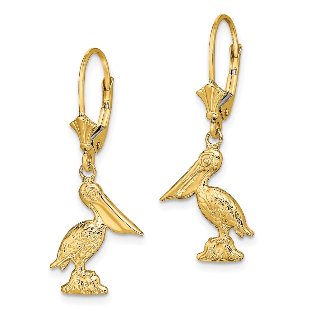 14K Yellow Gold 3-D Standing Pelican Dangle Leverback Earrings, view 2 of 4
