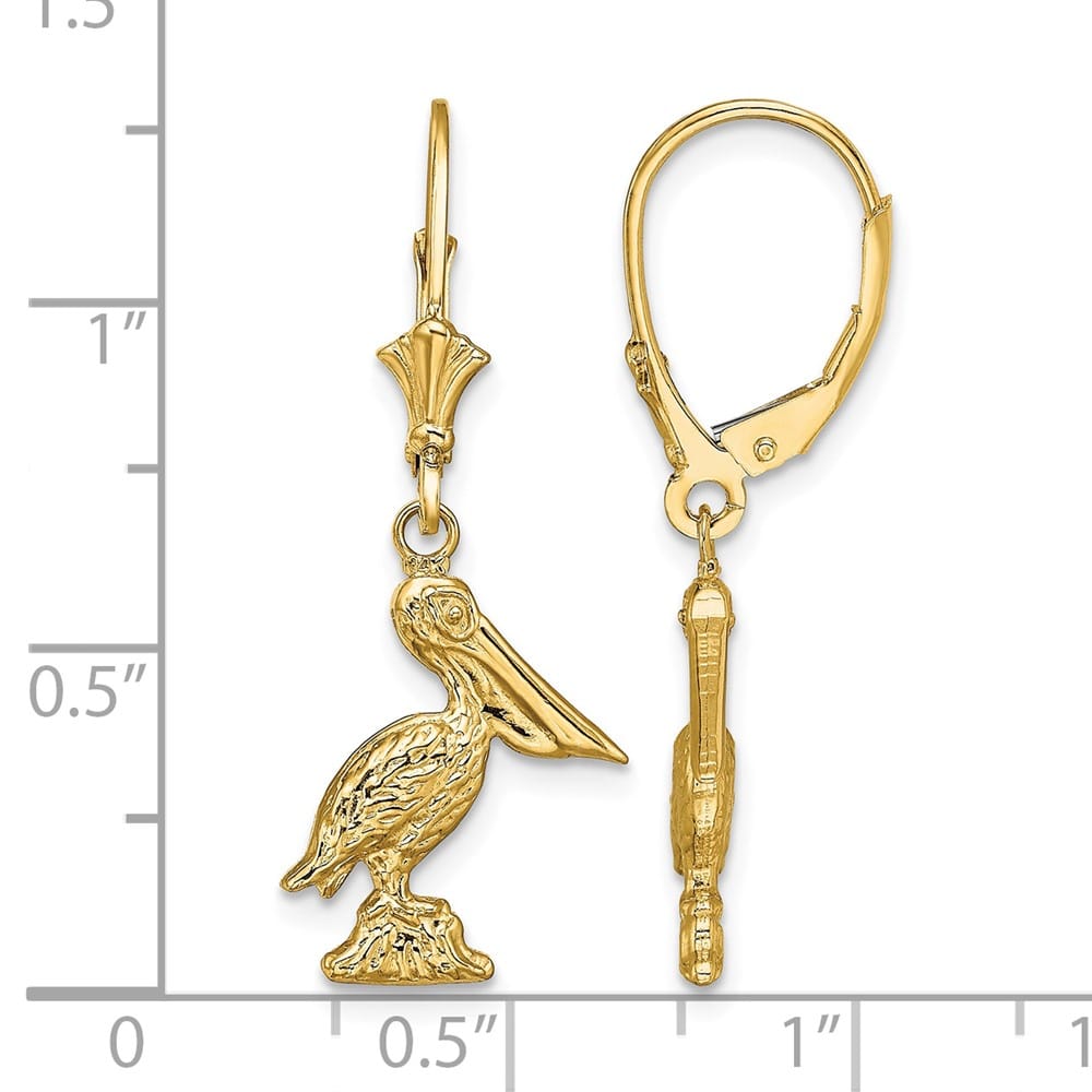 14K Yellow Gold 3-D Standing Pelican Dangle Leverback Earrings, view 4 of 4