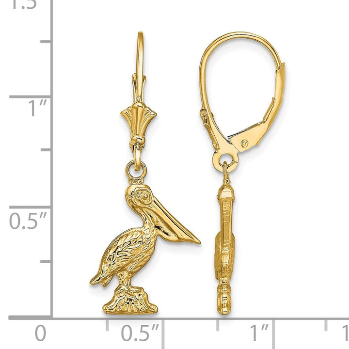 14K Yellow Gold 3-D Standing Pelican Dangle Leverback Earrings, view 4 of 4
