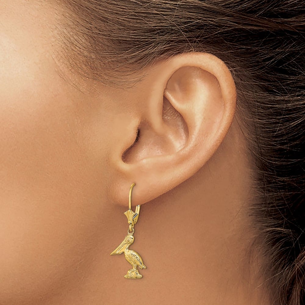 14K Yellow Gold 3-D Standing Pelican Dangle Leverback Earrings, view 3 of 4