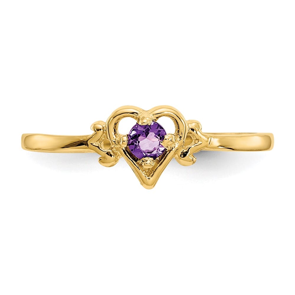 14k Yellow Gold 3 mm Round Amethyst Birthstone Heart Ring