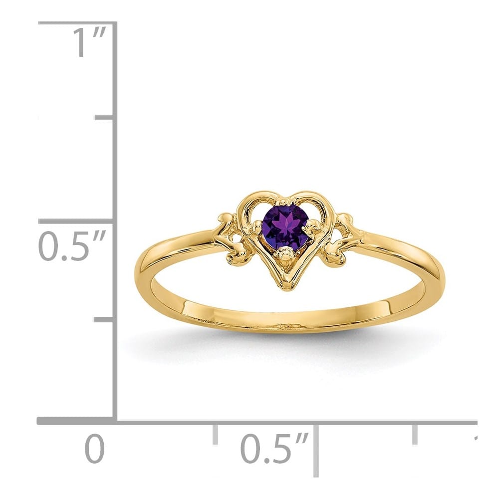 14k Yellow Gold 3 mm Round Amethyst Birthstone Heart Ring