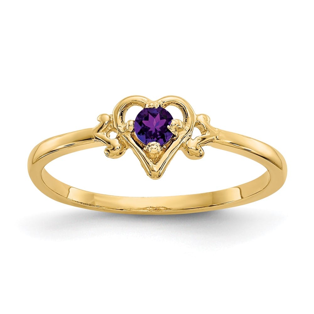 14k Yellow Gold 3 mm Round Amethyst Birthstone Heart Ring