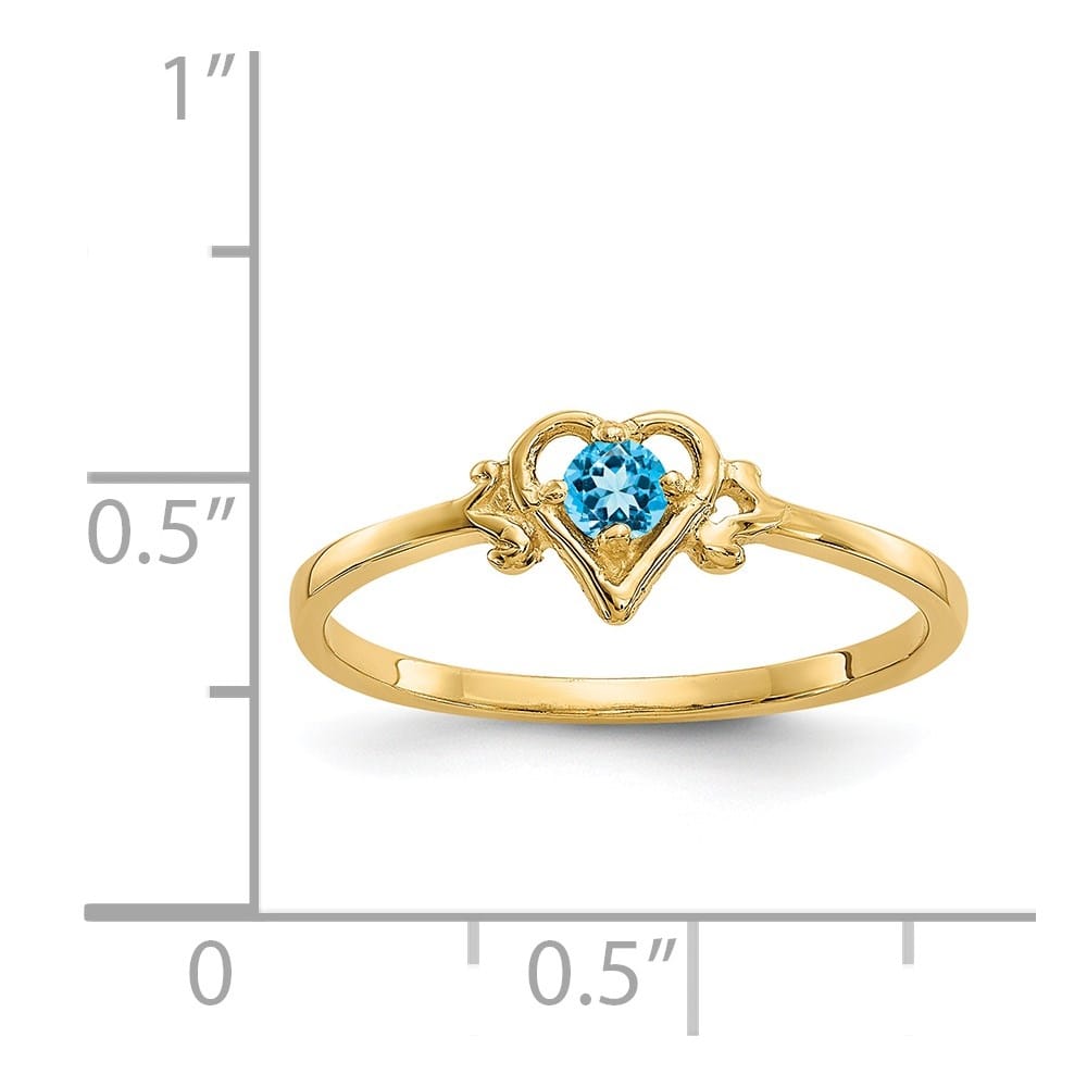 14k Yellow Gold 3 mm Round Blue Topaz Birthstone Heart Ring