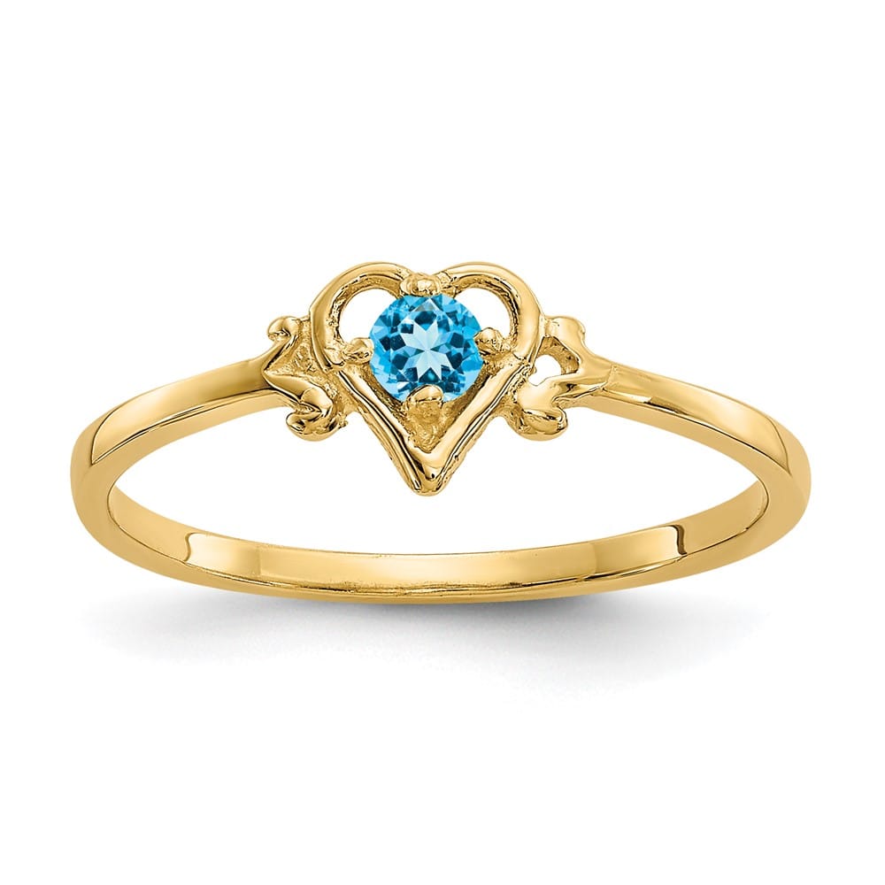 14k Yellow Gold 3 mm Round Blue Topaz Birthstone Heart Ring