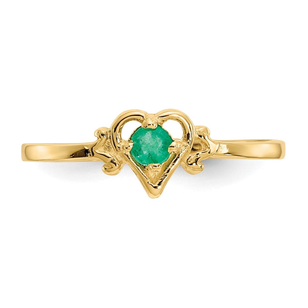 14k Yellow Gold 3 mm Round Emerald Birthstone Heart Ring