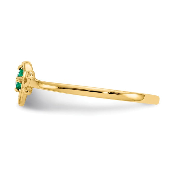 14k Yellow Gold 3 mm Round Emerald Birthstone Heart Ring