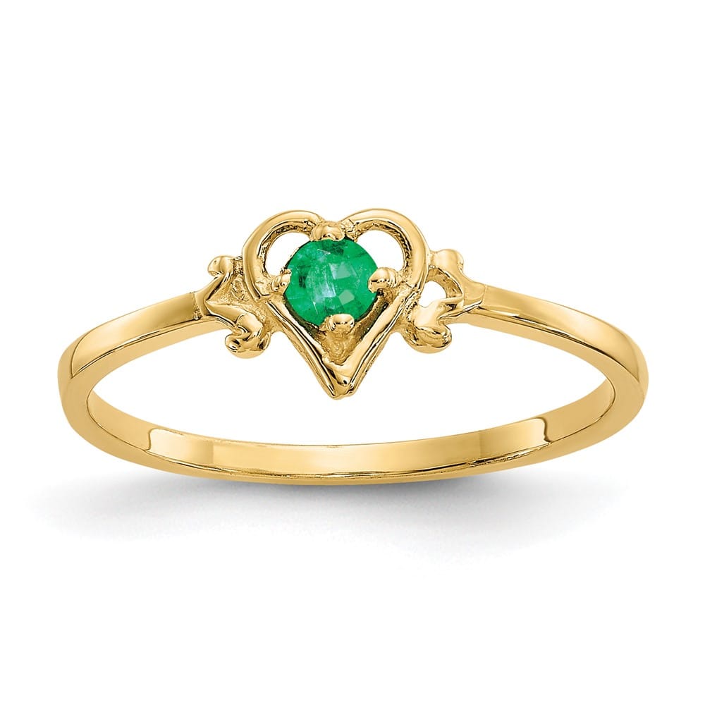 14k Yellow Gold 3 mm Round Emerald Birthstone Heart Ring