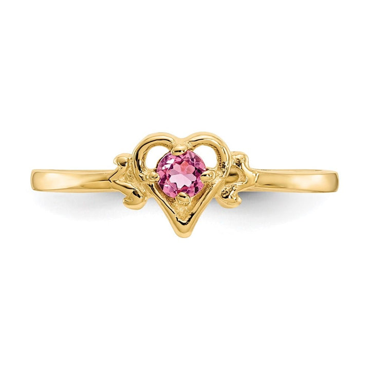 14k Yellow Gold 3 mm Round Pink Tourmaline Birthstone Heart Ring