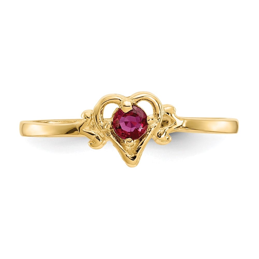 14k Yellow Gold 3 mm Round Ruby Birthstone Heart Ring