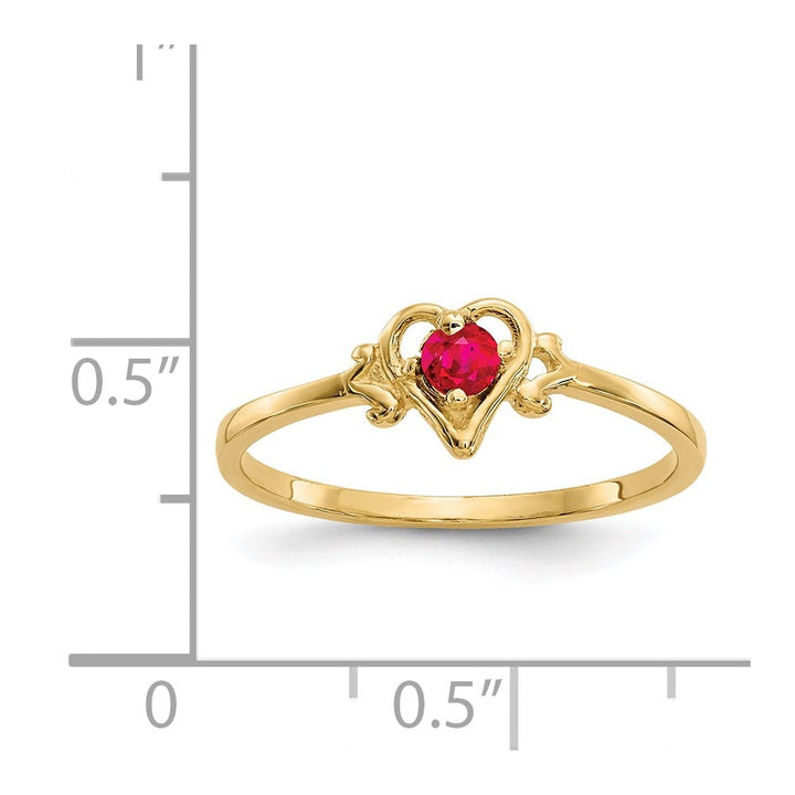 14k Yellow Gold 3 mm Round Ruby Birthstone Heart Ring