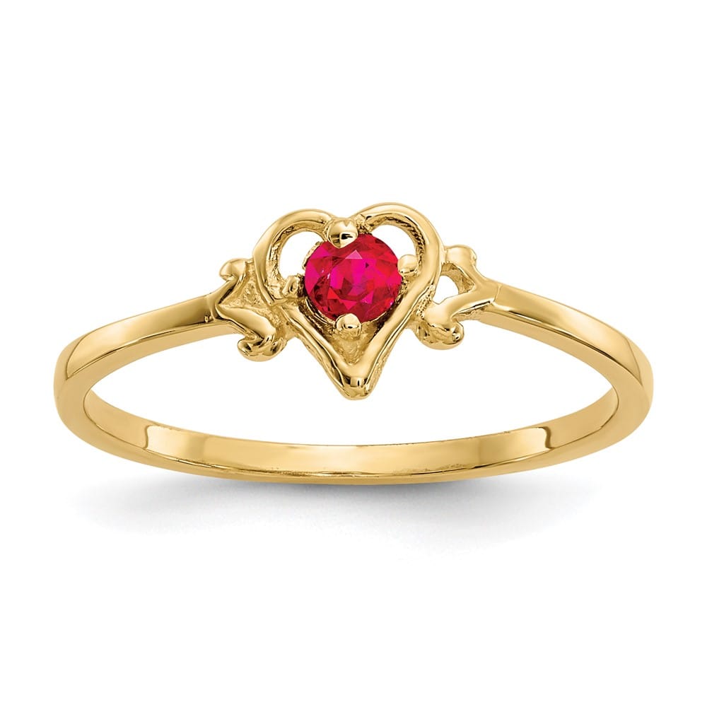14k Yellow Gold 3 mm Round Ruby Birthstone Heart Ring