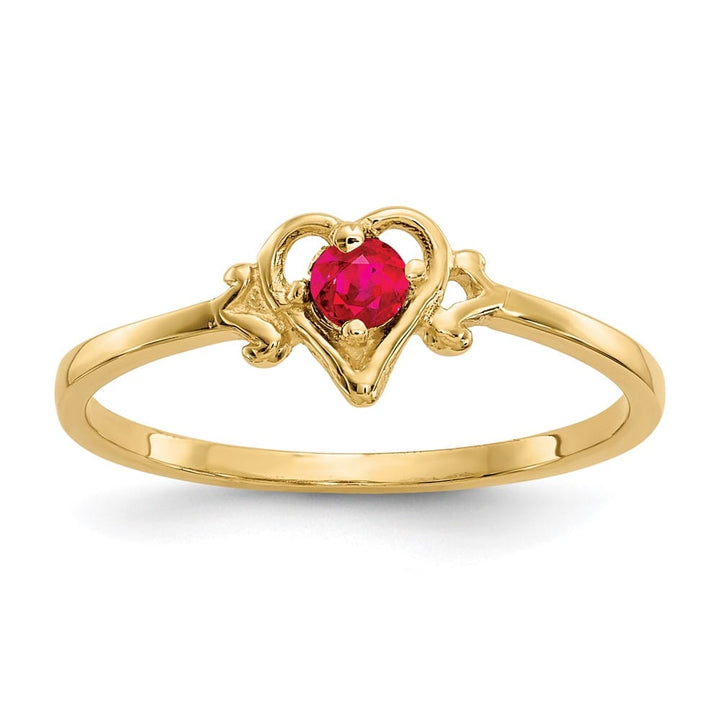 14k Yellow Gold 3 mm Round Ruby Birthstone Heart Ring