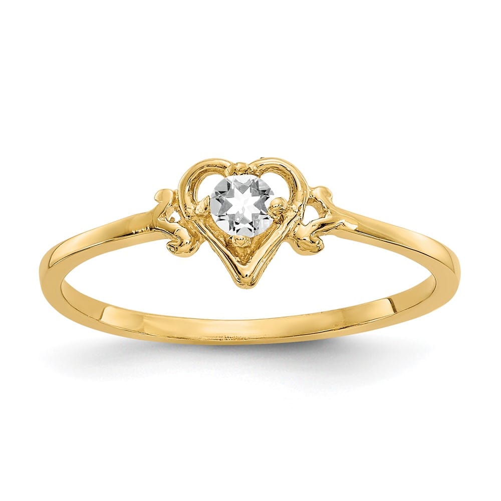 14k Yellow Gold 3 mm Round White Topaz Birthstone Heart Ring