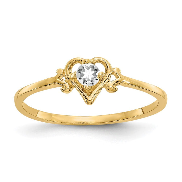 14k Yellow Gold 3 mm Round White Topaz Birthstone Heart Ring