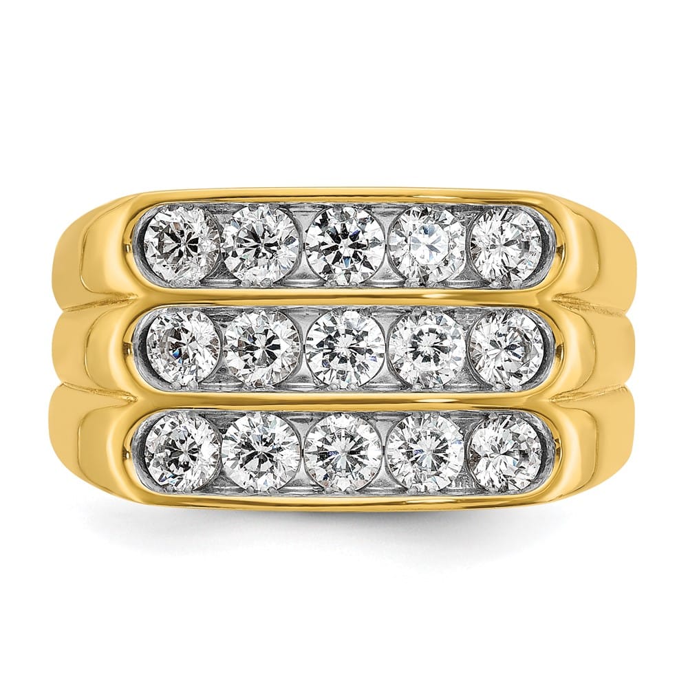 14k Yellow Gold 3-Row I1 Quality Diamond Men's Ring
