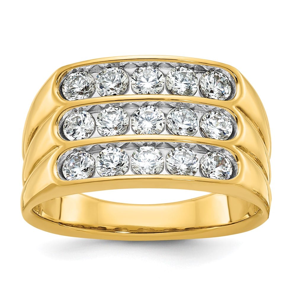 14k Yellow Gold 3-Row I1 Quality Diamond Men's Ring