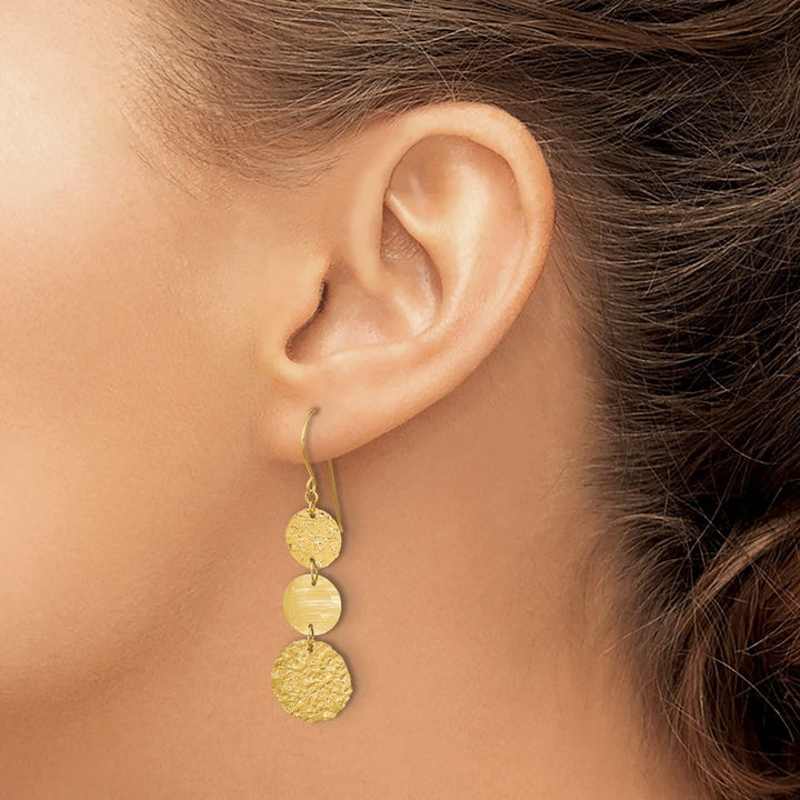 14K Yellow Gold 3-Tier Circle Drop Shepherd Hook Dangle Earrings, view 3 of 4
