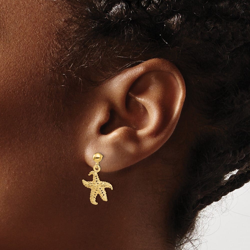 14K Yellow Gold 3D Starfish Post Dangle Earrings, view 3 of 4