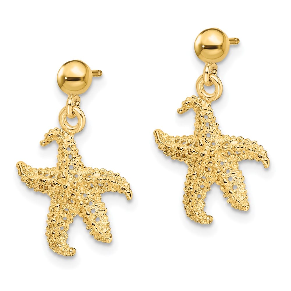 14K Yellow Gold 3D Starfish Post Dangle Earrings, view 2 of 4