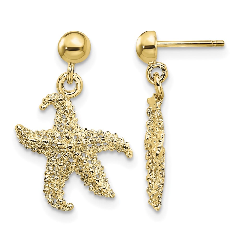 14K Yellow Gold 3D Starfish Post Dangle Earrings, view 1 of 4