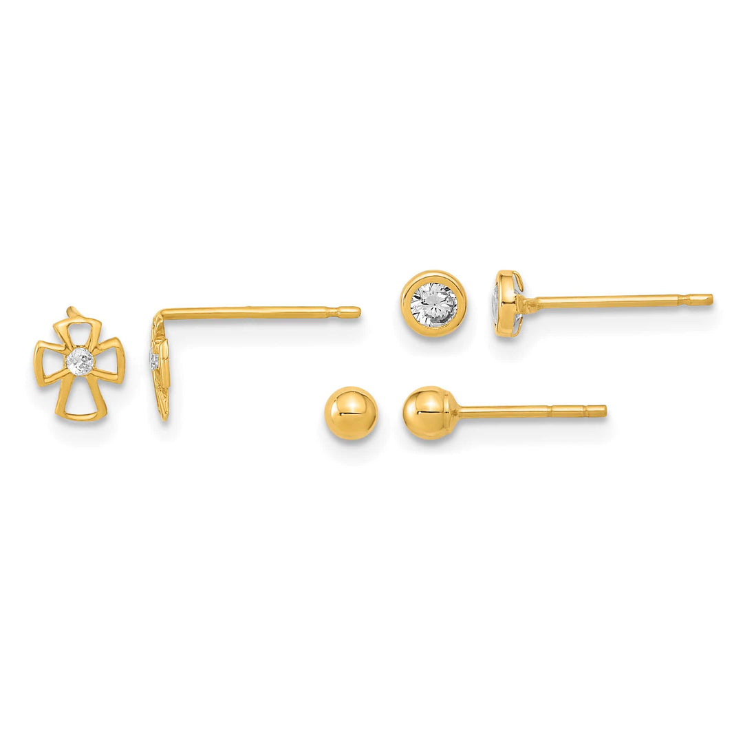 14K Yellow Gold 3mm Ball/Cross/CZ Bezel 3-Pair Post Earring Set