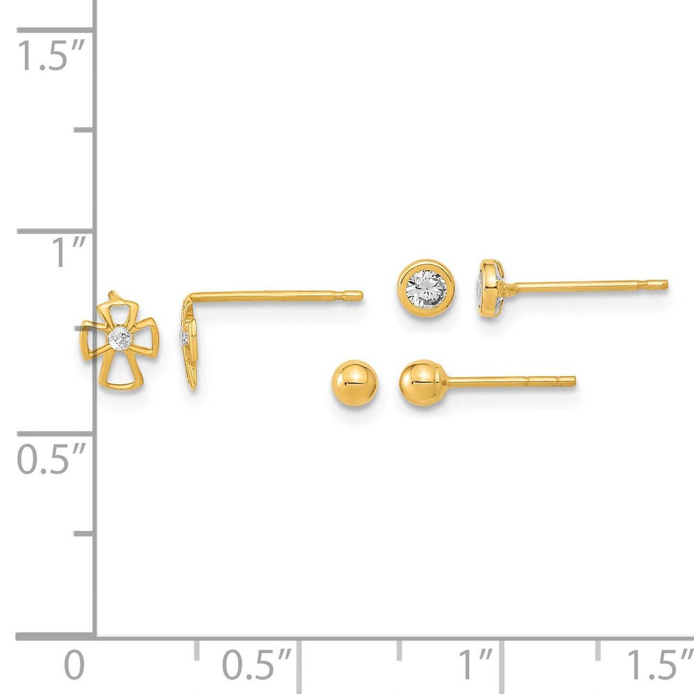 14K Yellow Gold 3mm Ball/Cross/CZ Bezel 3-Pair Post Earring Set
