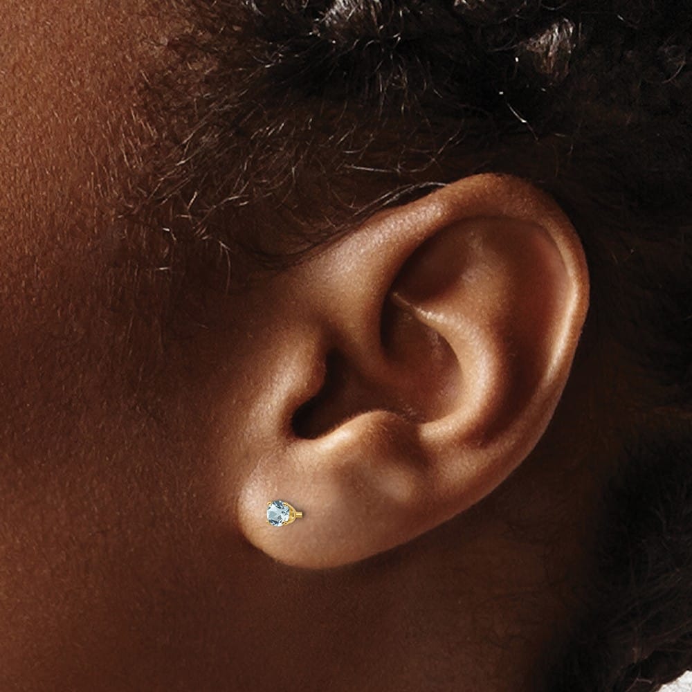 14K Yellow Gold 3mm Round March/Aquamarine Post Earrings, view 3 of 4