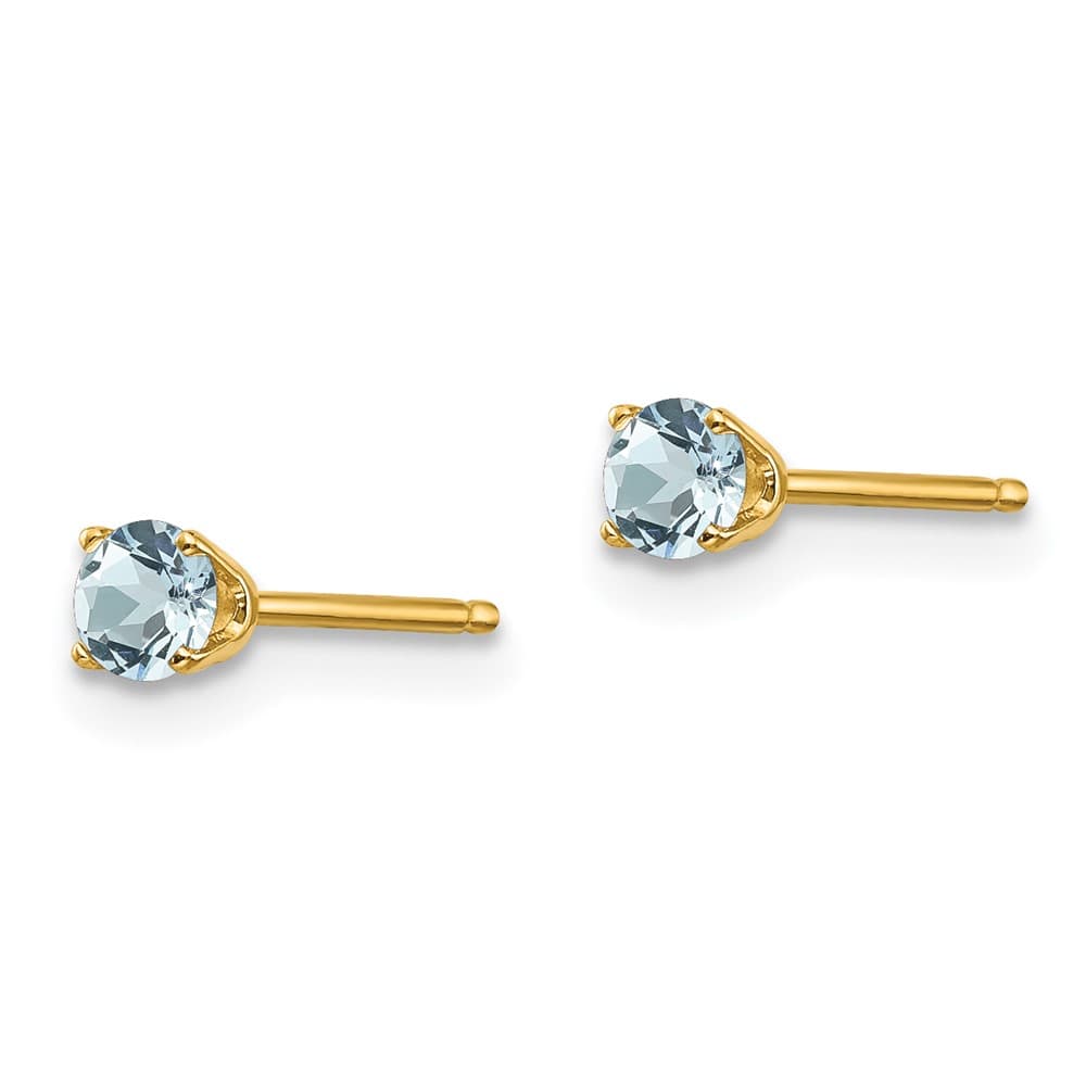 14K Yellow Gold 3mm Round March/Aquamarine Post Earrings, view 2 of 4