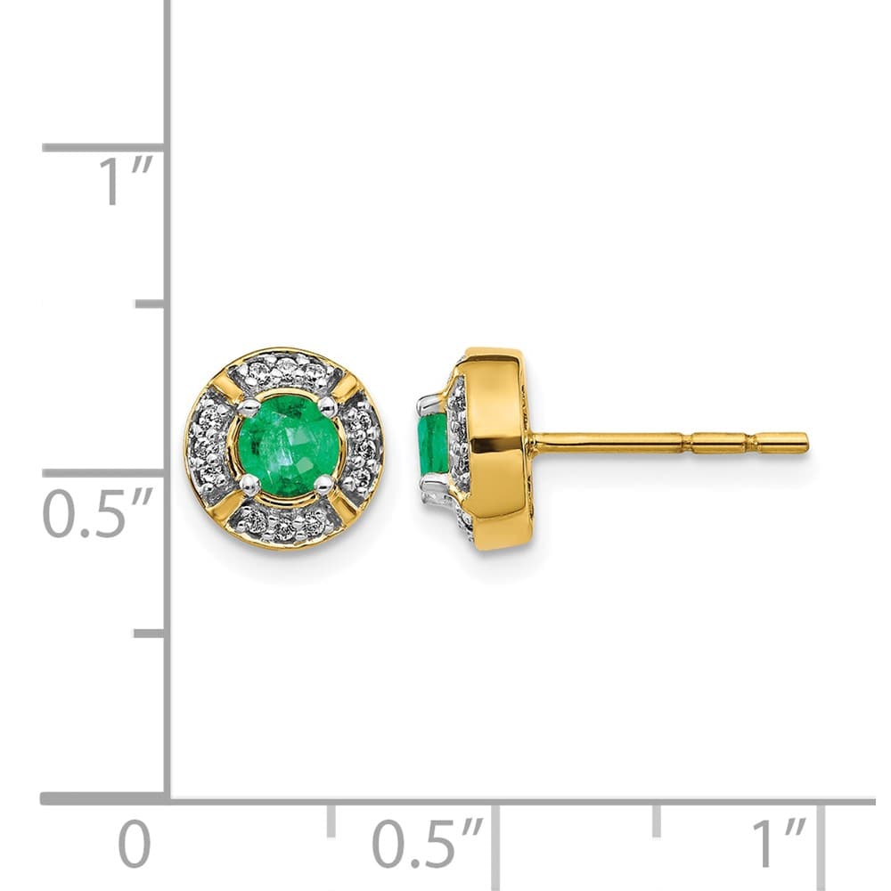 14K Yellow Gold 4.1mm Round Emerald and Diamond Halo Post Earrings, view 4 of 4