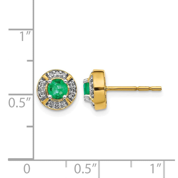 14K Yellow Gold 4.1mm Round Emerald and Diamond Halo Post Earrings, view 4 of 4