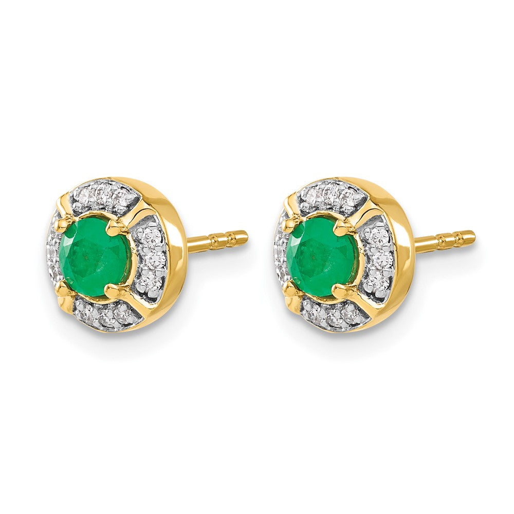 14K Yellow Gold 4.1mm Round Emerald and Diamond Halo Post Earrings, view 2 of 4