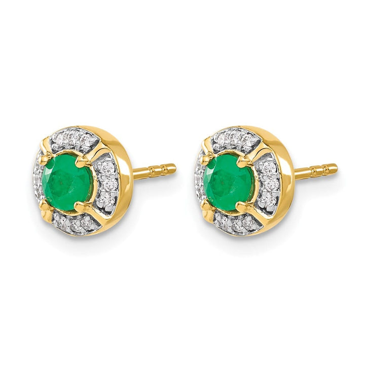 14K Yellow Gold 4.1mm Round Emerald and Diamond Halo Post Earrings, view 2 of 4