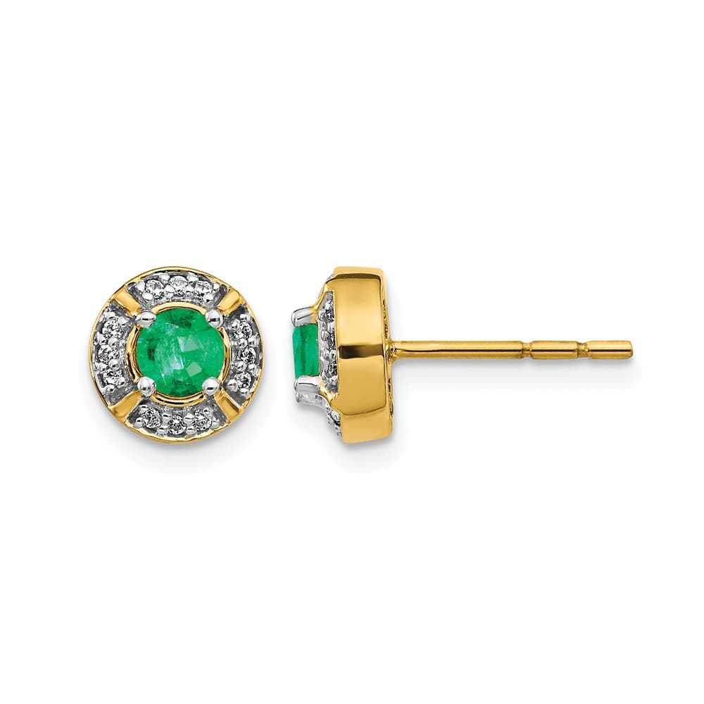 14K Yellow Gold 4.1mm Round Emerald and Diamond Halo Post Earrings, view 1 of 4
