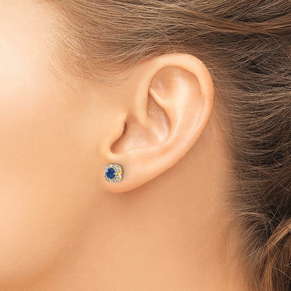 14K Yellow Gold 4.1mm Round Sapphire and Diamond Square Post Earrings, view 3 of 4