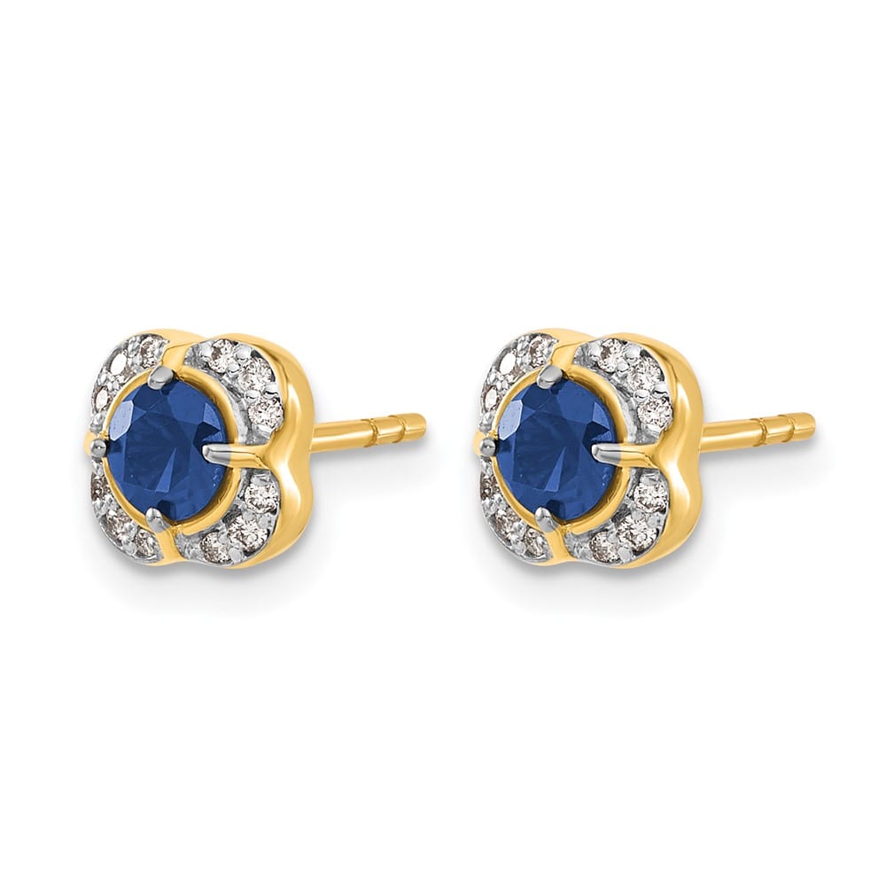 14K Yellow Gold 4.1mm Round Sapphire and Diamond Square Post Earrings, view 2 of 4