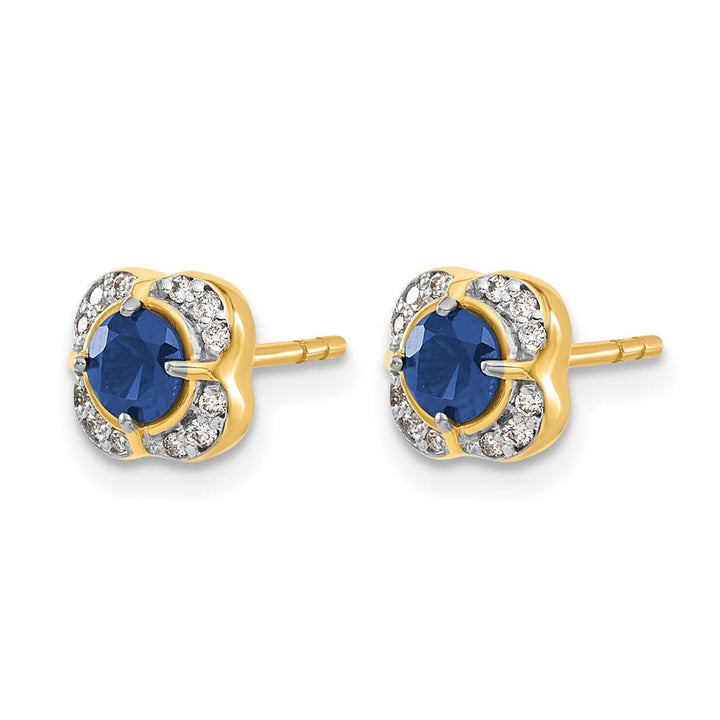 14K Yellow Gold 4.1mm Round Sapphire and Diamond Square Post Earrings, view 2 of 4