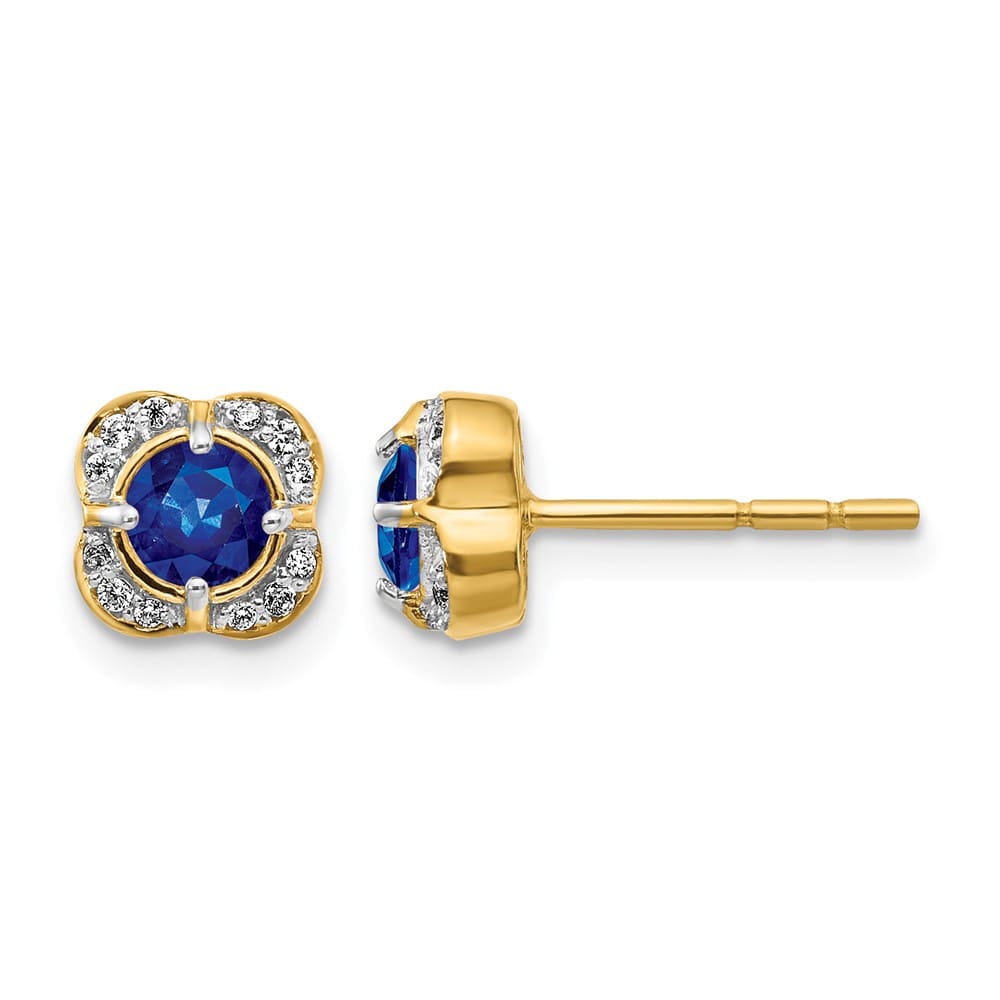 14K Yellow Gold 4.1mm Round Sapphire and Diamond Square Post Earrings, view 1 of 4