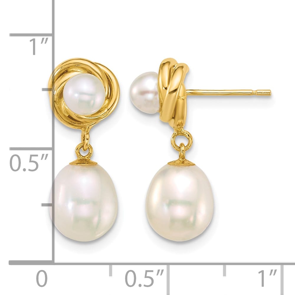 14K Yellow Gold 4-5mm Button and 7-8mm Rice White Freshwater Earrings