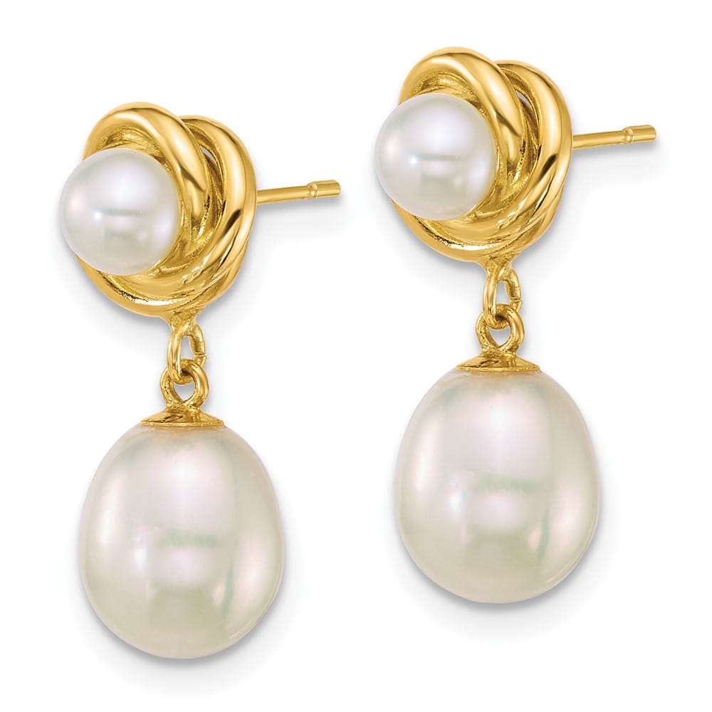 14K Yellow Gold 4-5mm Button and 7-8mm Rice White Freshwater Earrings