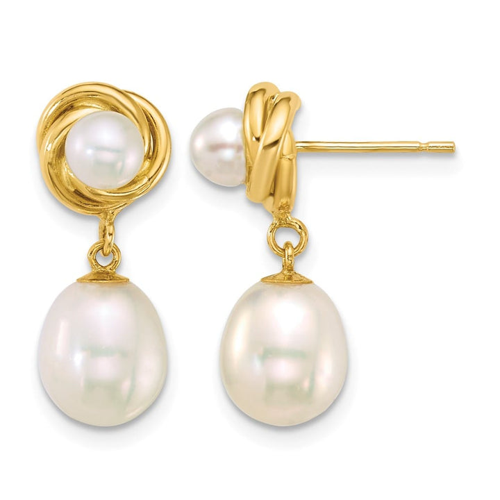14K Yellow Gold 4-5mm Button and 7-8mm Rice White Freshwater Earrings