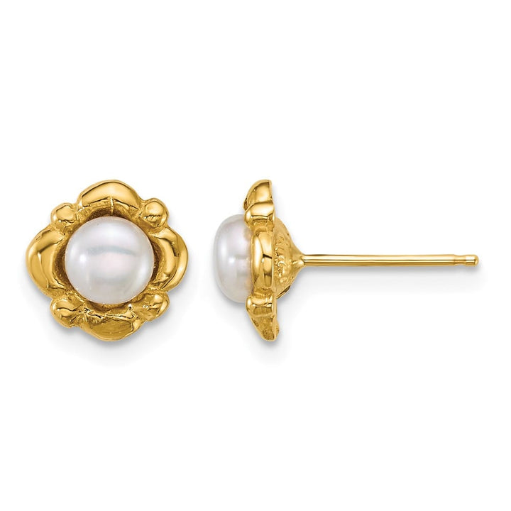 14K Yellow Gold 4-5mm Button White Freshwater Pearl Post Earrings