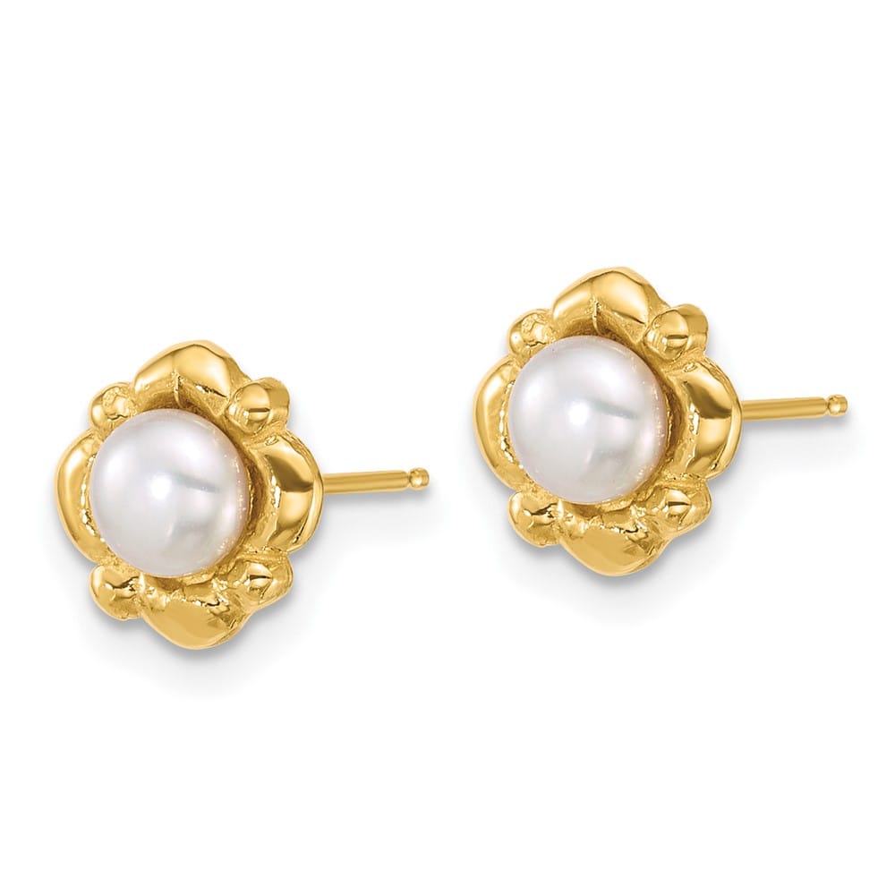 14K Yellow Gold 4-5mm Button White Freshwater Pearl Post Earrings