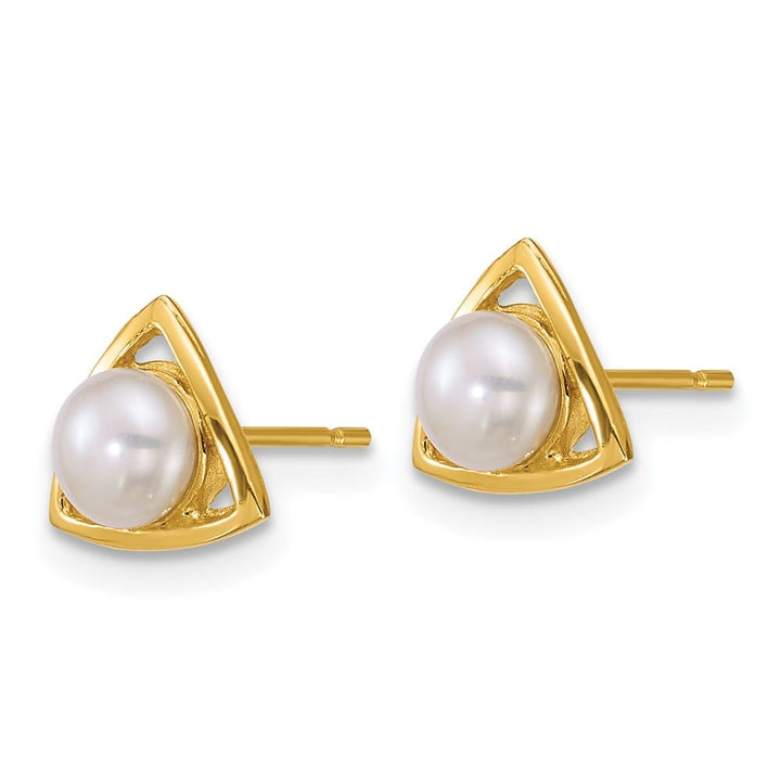 14K Yellow Gold 4-5mm Button White Freshwater Pearl Triangle Earrings