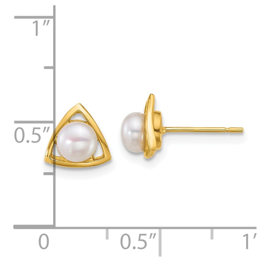 14K Yellow Gold 4-5mm Button White Freshwater Pearl Triangle Earrings