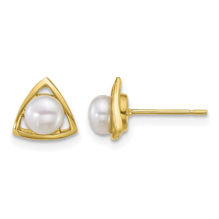 14K Yellow Gold 4-5mm Button White Freshwater Pearl Triangle Earrings