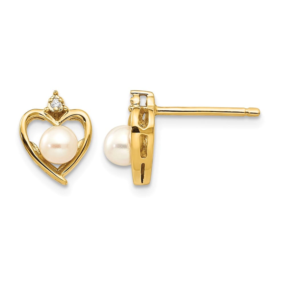 14K Yellow Gold 4.5mm June/Freshwater Pearl and Diamond Heart Earrings, view 1 of 4