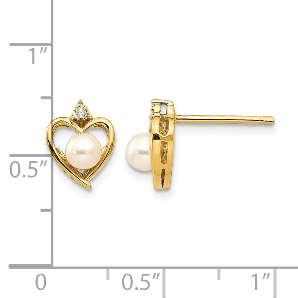 14K Yellow Gold 4.5mm June/Freshwater Pearl and Diamond Heart Earrings, view 4 of 4